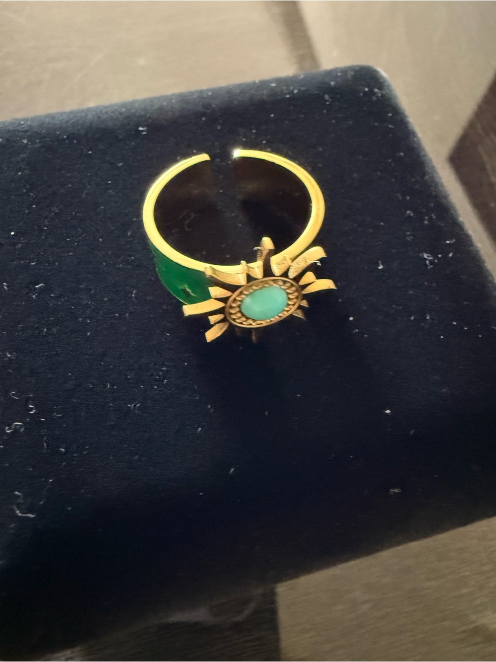 Gold-Tone Sunburst Ring with Green Stone